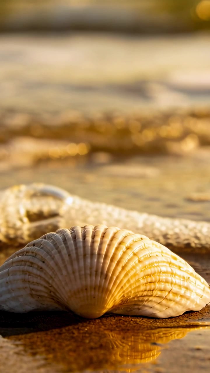 Vertical video: Advancing foamy wave curling and washing past ridged shell at shore wetting sand
