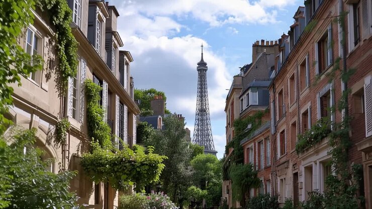 French street lined with ivy and flowers. Eiffel Tower rises in the distance. Sky is bright with scattered clouds. No people present. Ideal for travel, architecture, or urban scenes
