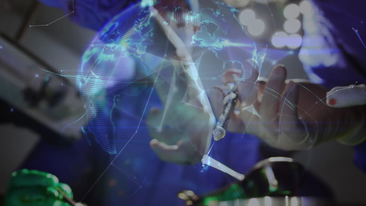 animación de la red de conexiones y globo sobre los cirujanos en el quirófano