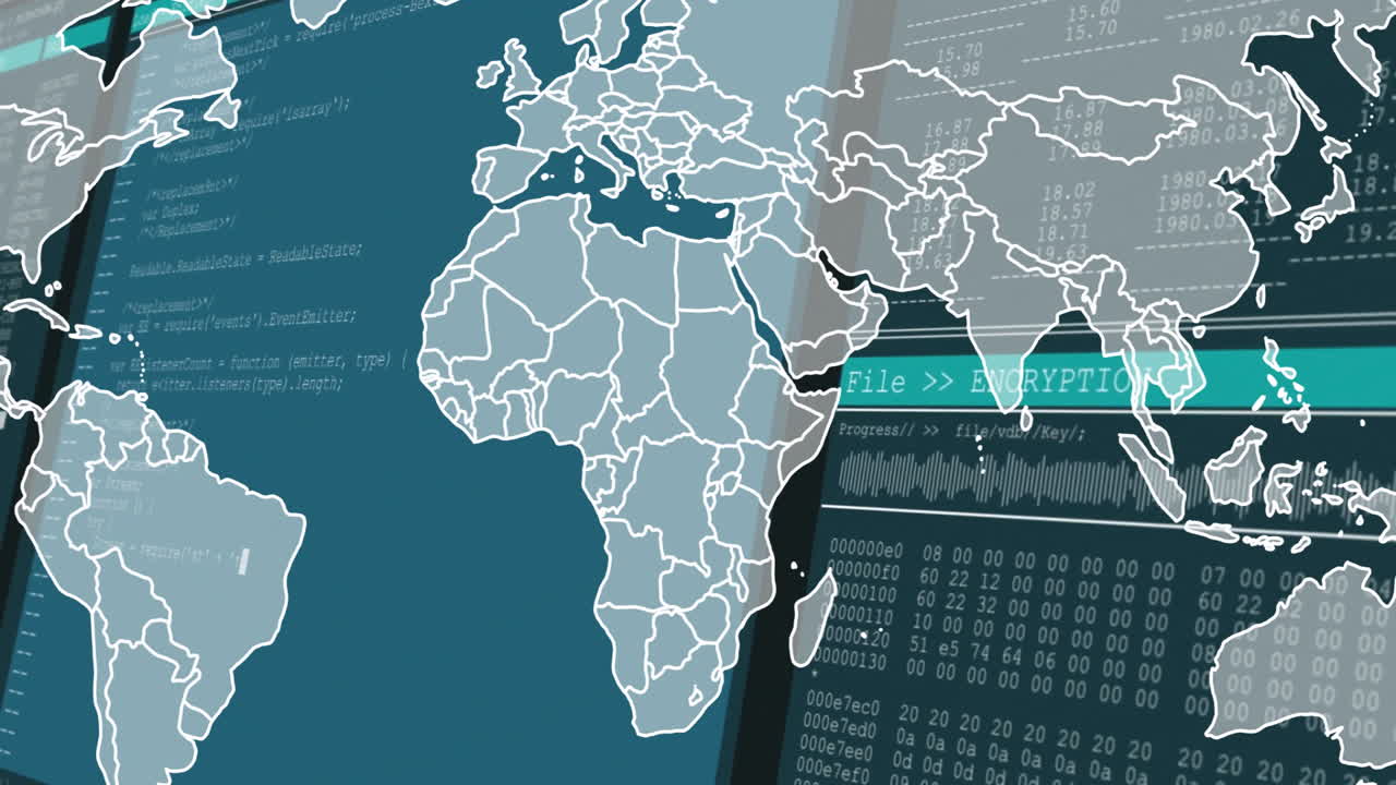 Displaying world map and data encryption animation on digital screen