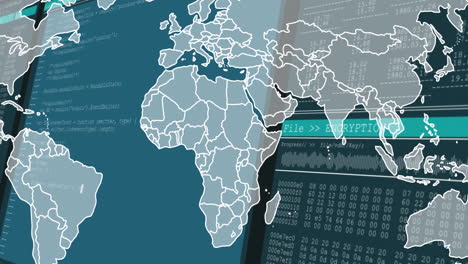displaying world map and data encryption animation on digital screen