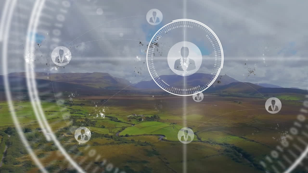 Rotating HUD circles overlaying green pastures while glowing user icons floating over network lines