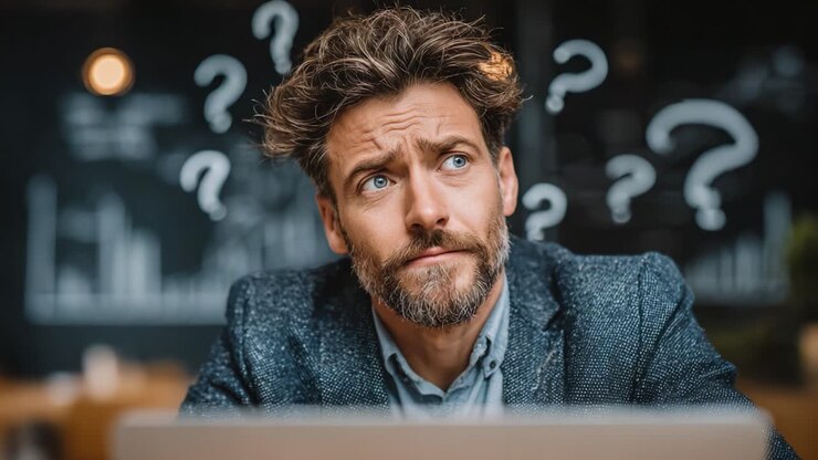 Un uomo contemplativo con un'espressione pensierosa, circondato da punti interrogativi, immerso in pensieri profondi, che esplora incertezze e dilemmi in un'ambientazione da caffè.