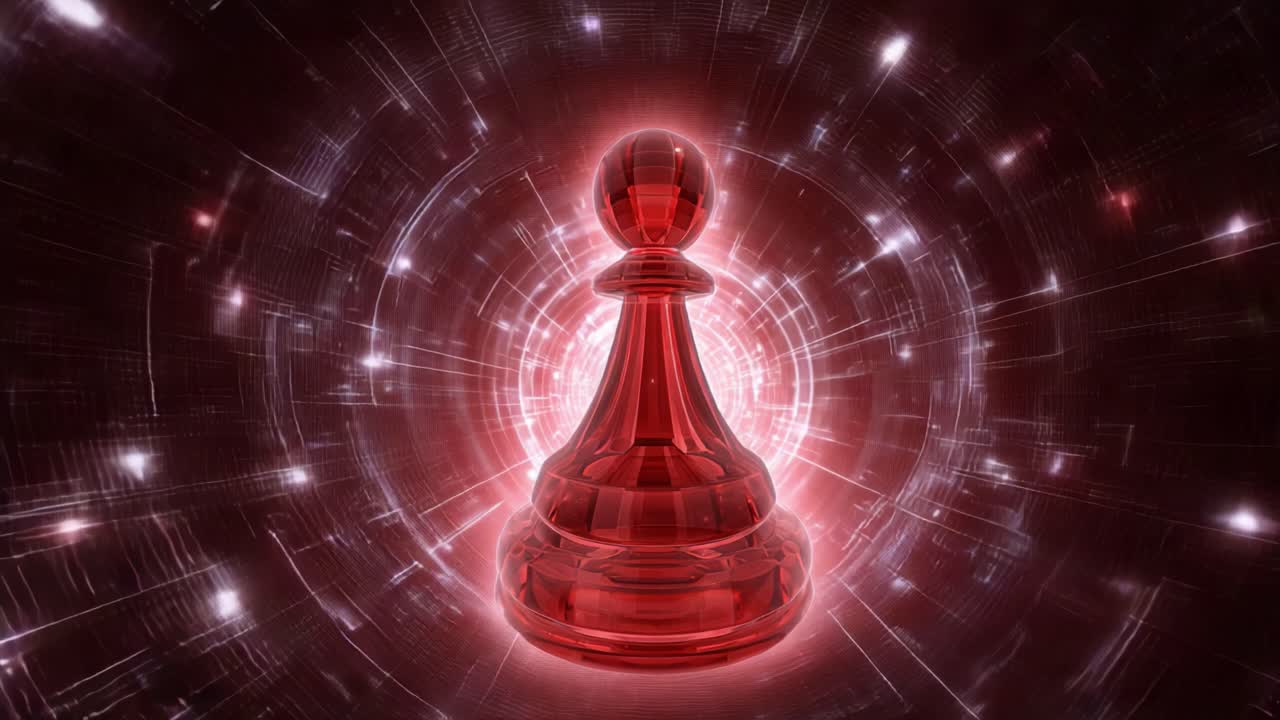 Single red glass pawn moving through a glowing futuristic tunnel of light and data streams, representing strategy, progress, and overcoming challenges in a digital or corporate environment