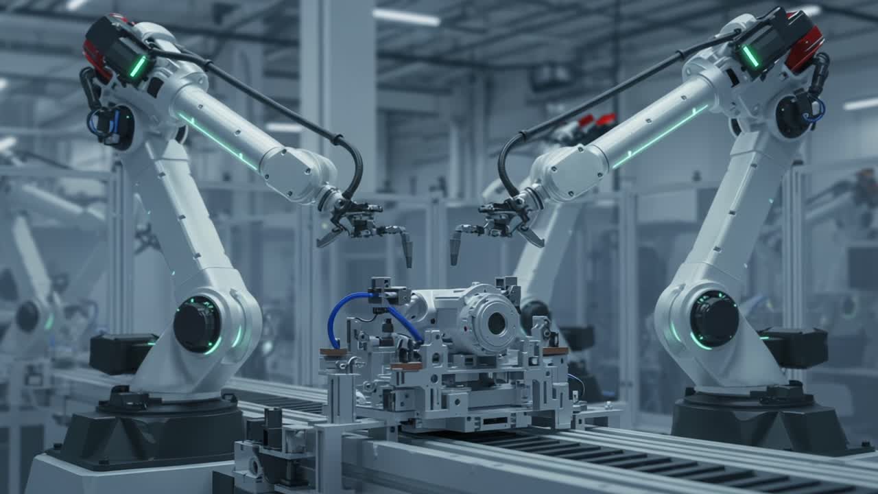 Advanced Robotic Arms in a High-Tech Production Line, Collaborating to Precision Engineer Components with Enhanced Automation Techniques