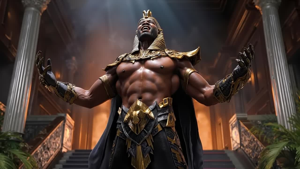 A man dressed as an egyptian pharaoh standing in front of a staircase