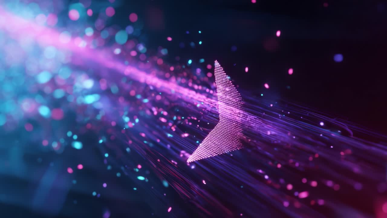 Una freccia digitale vivace che irrompe in una cascata di particelle colorate, che illustra movimento dinamico, energia e direzione in un ambiente futuro multicolore