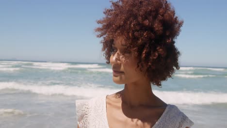 Vista-Frontal-De-Una-Joven-Afroamericana-Caminando-Por-La-Playa-Bajo-El-Sol-4k