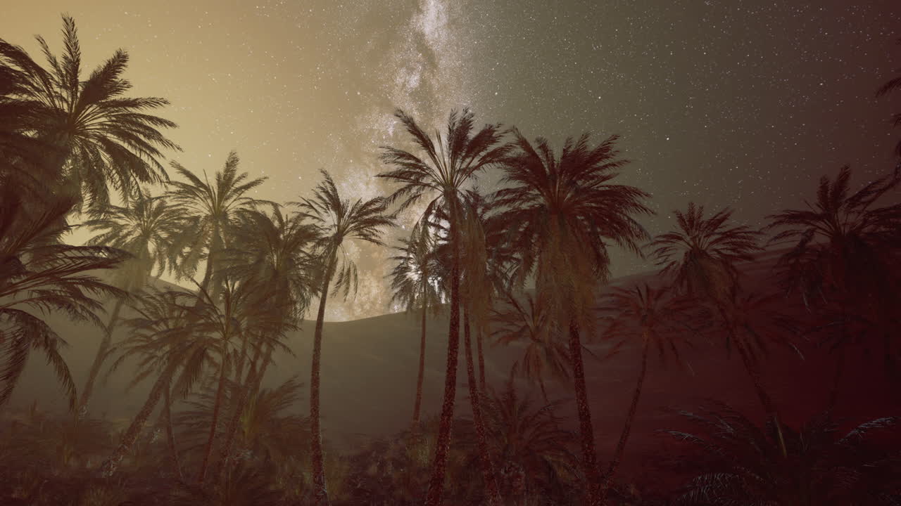 Nighttime view of palm trees under a starry sky in a desert landscape