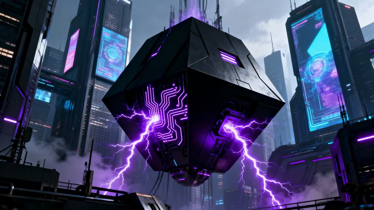Power surge activating black faceted pod emitting pulsing purple beam to mast above deck, holograms