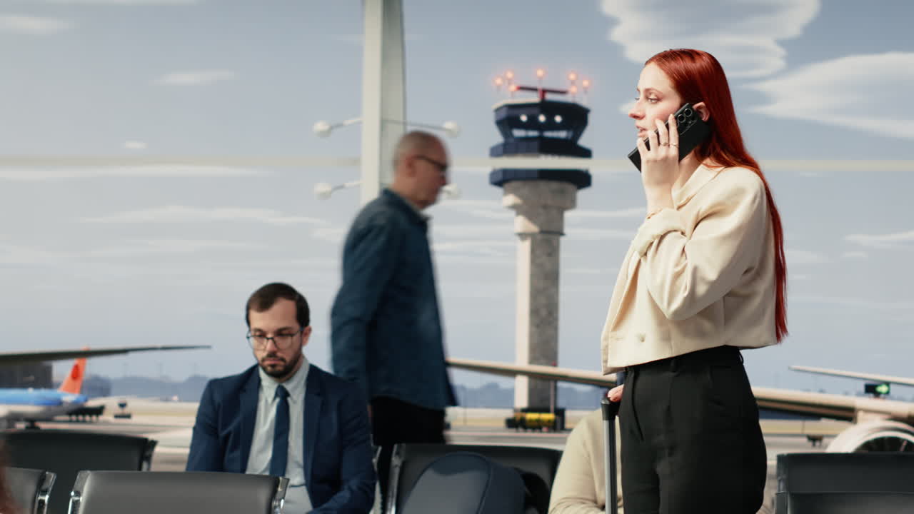 Taler i telefon, lufthavnscheck-in og kvinde i lounge på vej til boardinggate