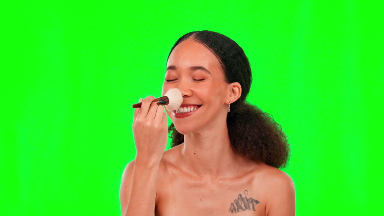 Makeup brush, nose and face of woman on green