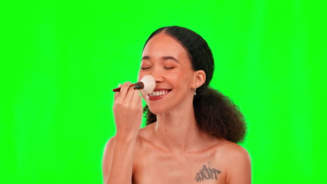 Makeup-brush,-nose-and-face-of-woman-on-green