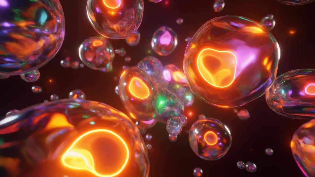 Sfere iridescenti astratte fluttuanti con nuclei al neon luminosi