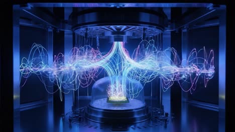 dynamic visualization of quantum waves in a scientific experiment, showcasing complex interference patterns and unique energy transitions in a high-tech environment