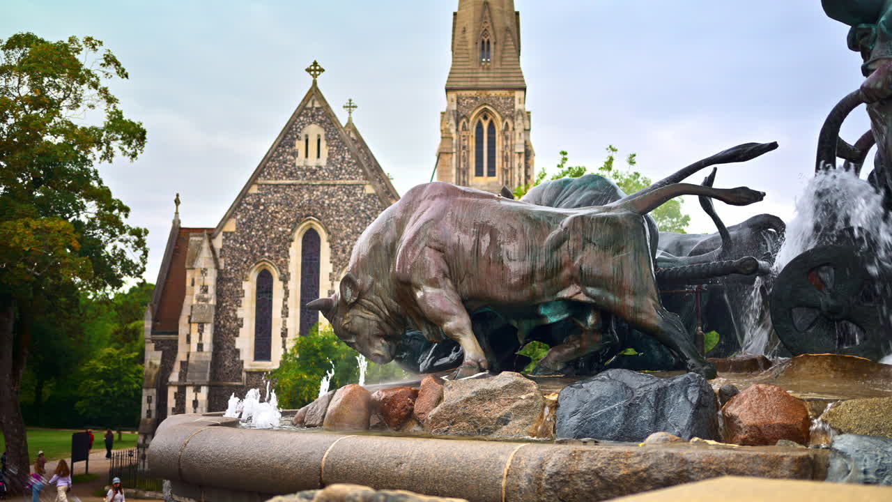 Close up of the Gefion Fountain in front of St Alban's Church in Copenhagen, Denmark