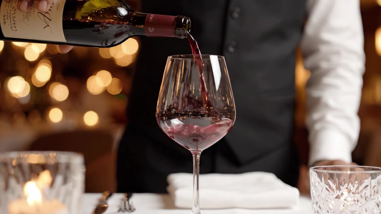 Servizio vini elegante: un cameriere sofisticato versa vino rosso in un bicchiere di cristallo in un ristorante di alta cucina, catturando l'essenza del lusso culinario