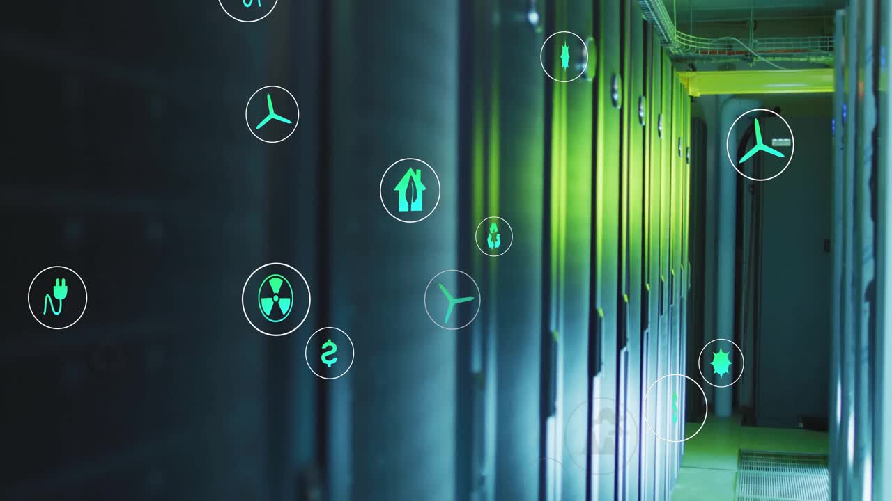 Dimly lit corridor opening energy icons appearing gliding across server racks lighting shifting