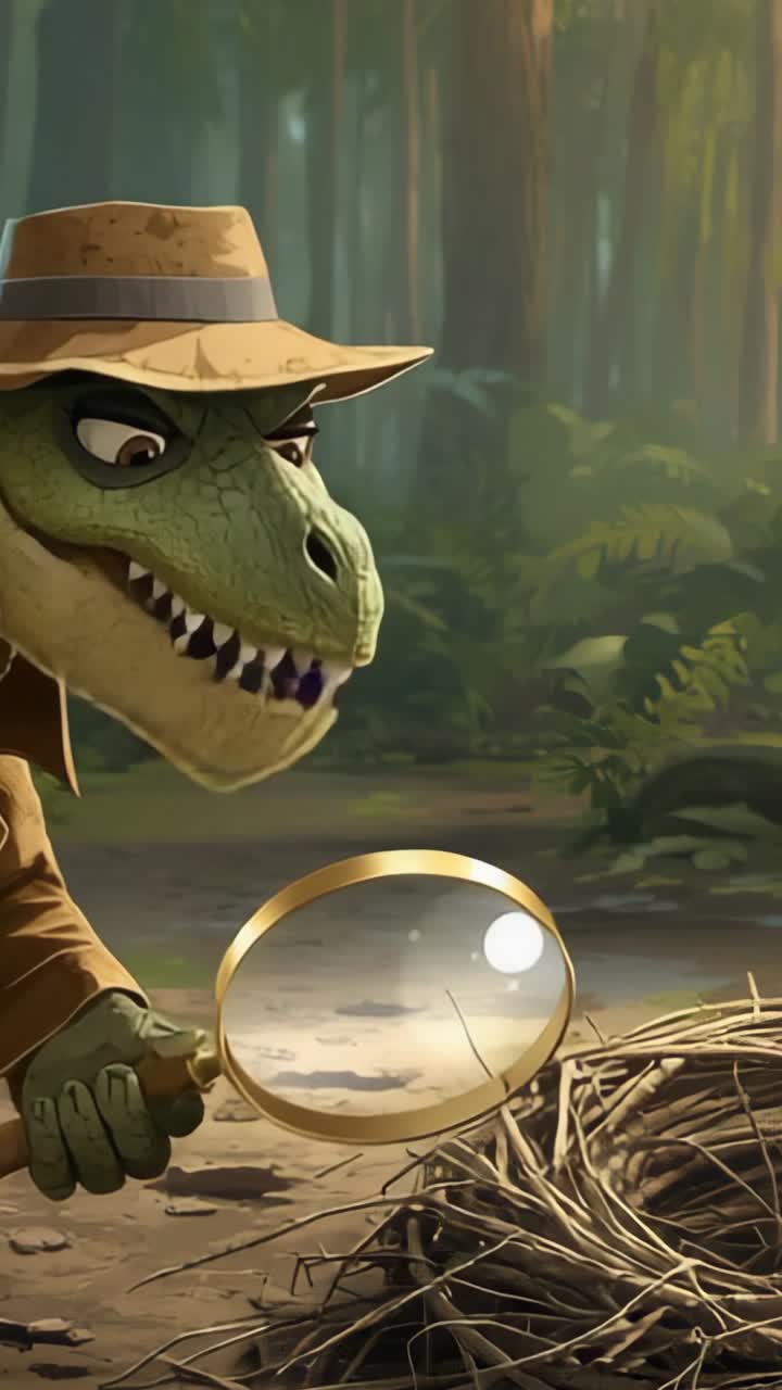 Vertical video: Noticing twig nest, trenchcoat T-Rex examining nest with magnifying glass in woods