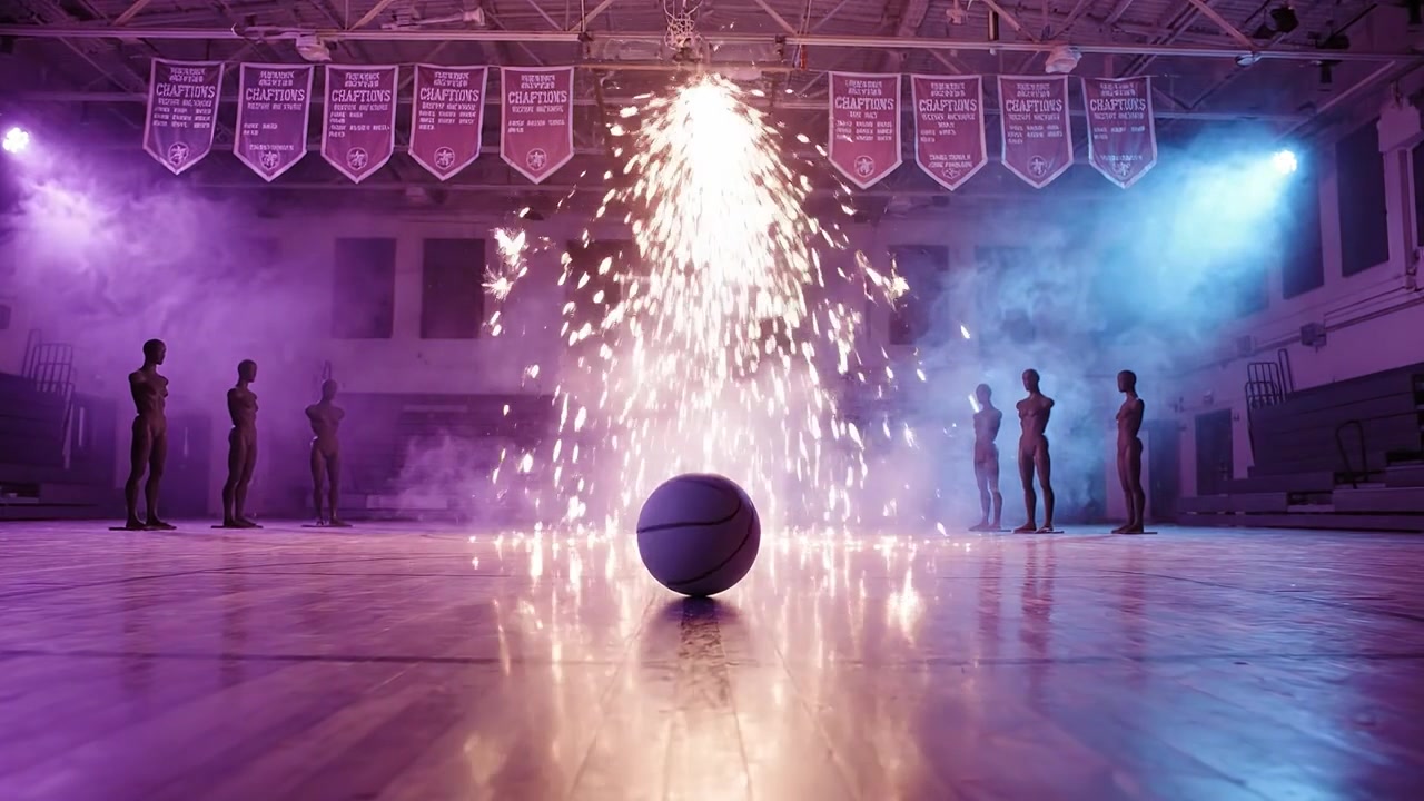 Una drammatica scena di pallacanestro in una palestra buia con fulmini elettrici e nebbia, evidenziando la tensione e la concentrazione dei giocatori intorno alla palla