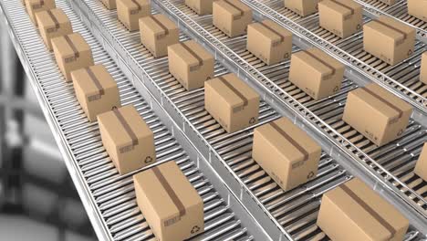 animation of cardboard boxes moving on conveyor belts over warehouse