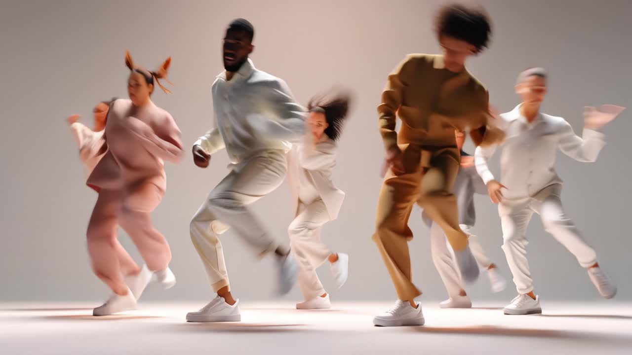 Dynamic Dance Performance Featuring Diverse Dancers in Stylish Coordinated Outfits Captivatingly Executing Creative Choreography with Energetic Movements and Artistic Expression