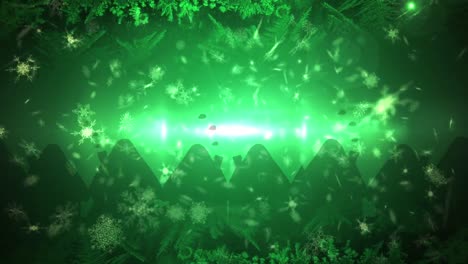 animation of christmas snow falling over christmas decorations on green background
