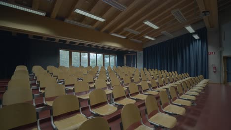 circular shot of empty room hall with chairs and suspended lights