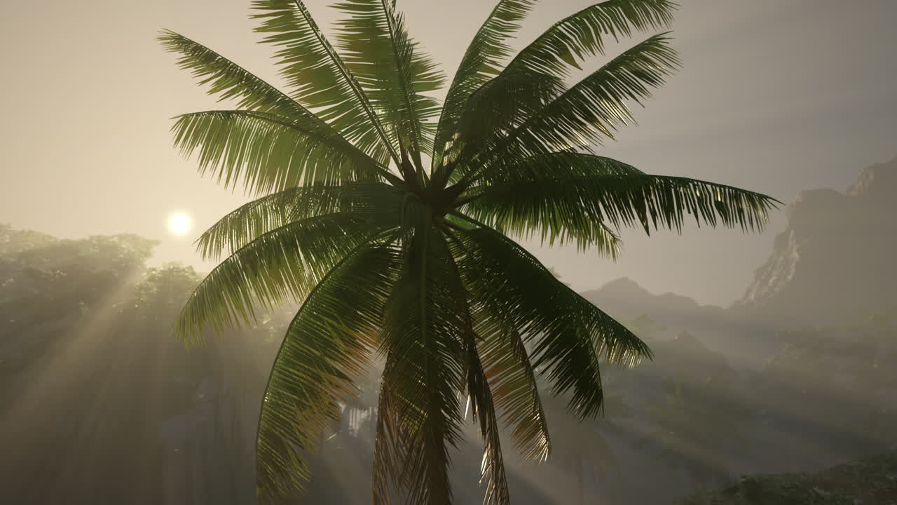 пальма на тропическом пляже при заходе солнца