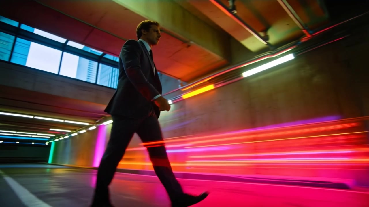 Walking man in dark suit heading across downtown underpass, car headlights creating neon streaks