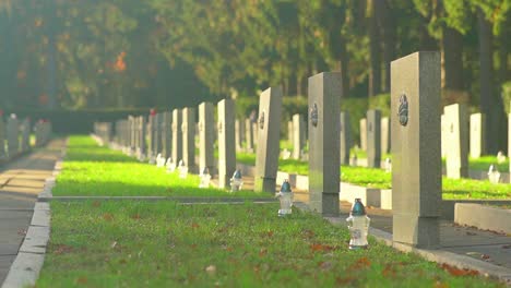 Tombstones-Of-Unknown-Polish-And-Soviet-Soldiers-From-World-War-II-At-The-Central-Cemetery-In-Szczecin-Poland---medium-shot