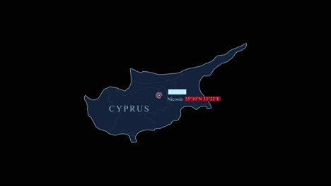 blue stylized cyprus island map with nicosia capital city and geographic coordinates on black background