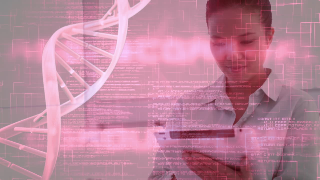 animación de código de programación y hélice de adn contra una mujer de negocios china que usa una computadora digital