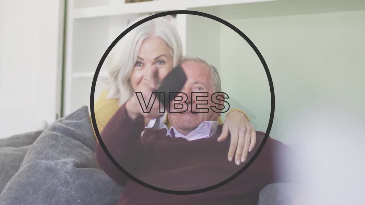 Animation of vibes text over senior couple