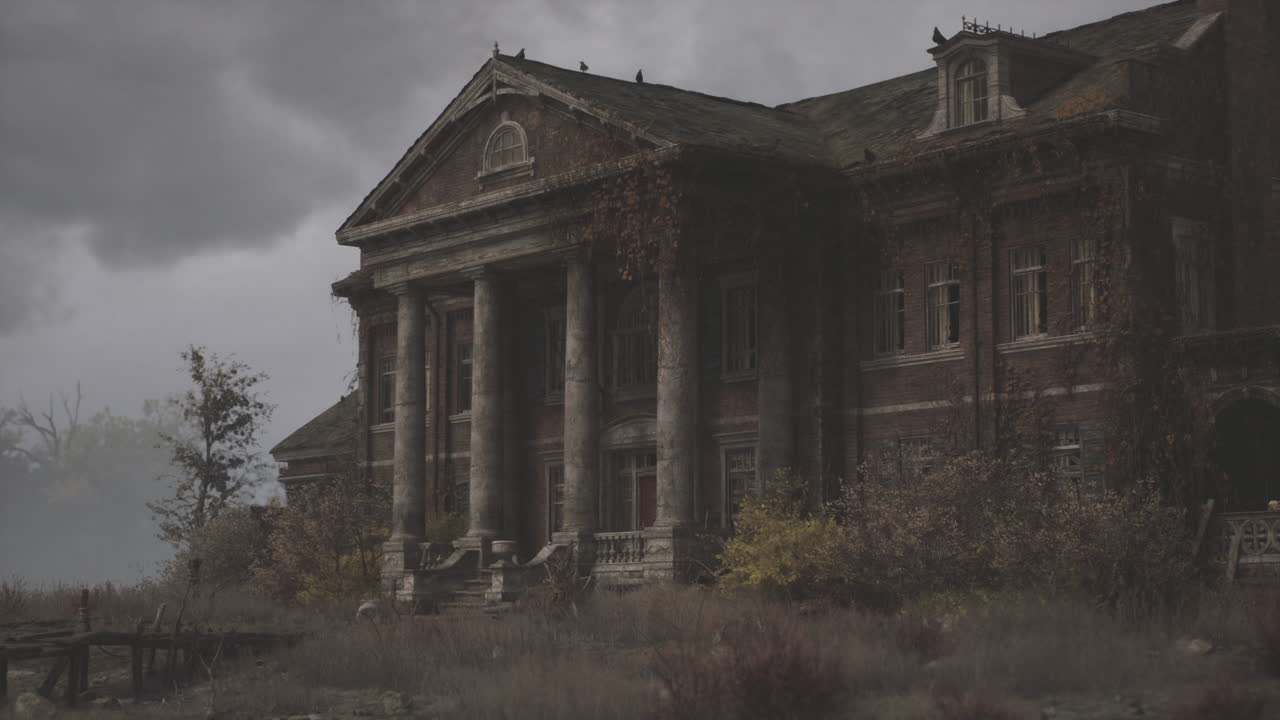 Historic mansion in a desolate landscape surrounded by overgrown vegetation