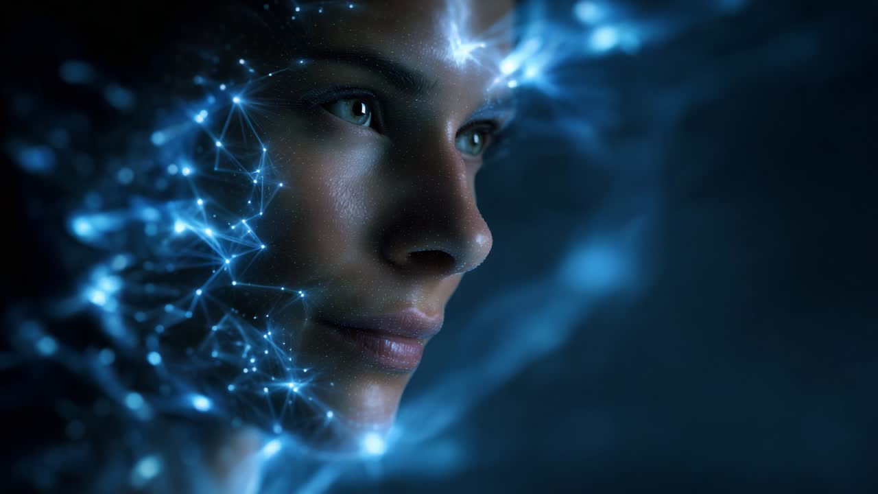 A mesmerizing close-up of a woman's face merging with a stunning display of digital particles and luminous networks, showcasing the fusion of human features with technology, creating a futuristic ambiance