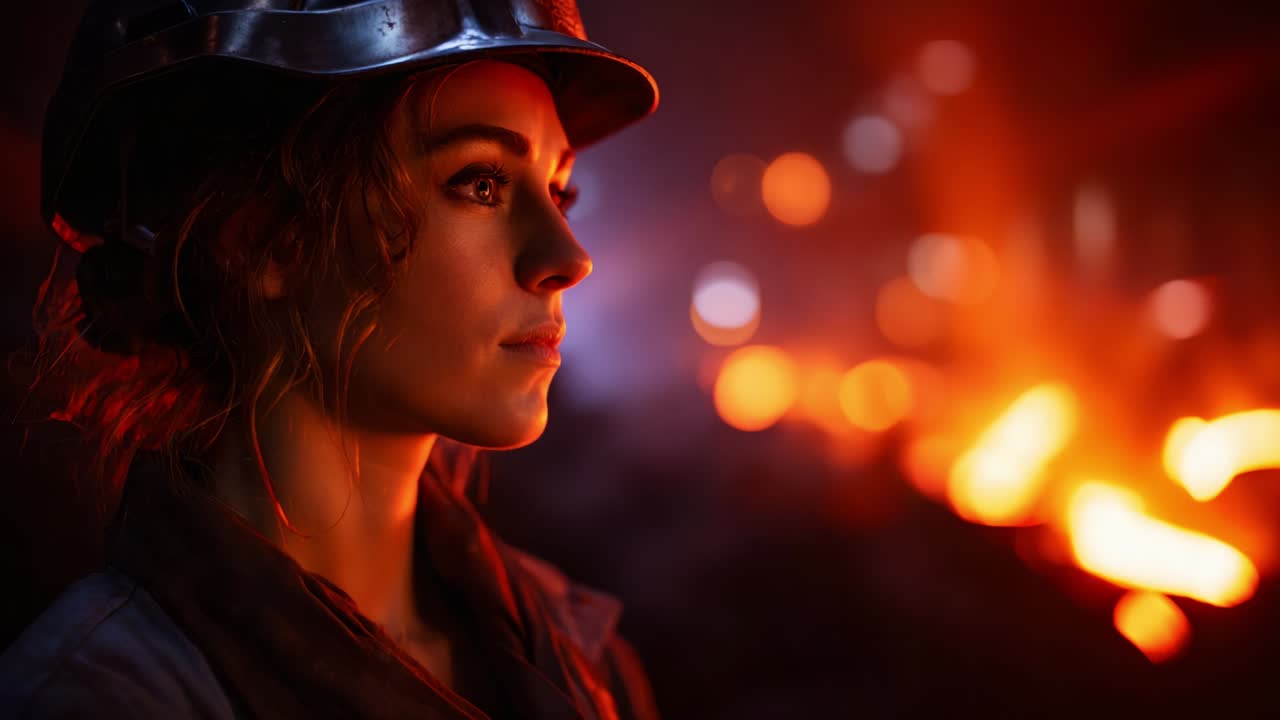 A Captivating Portrait of a Young Woman in Safety Gear, Set Against a Dramatic Background of Fiery Glow and Light Reflections, Symbolizing Strength, Dedication, and Resilience in Industry