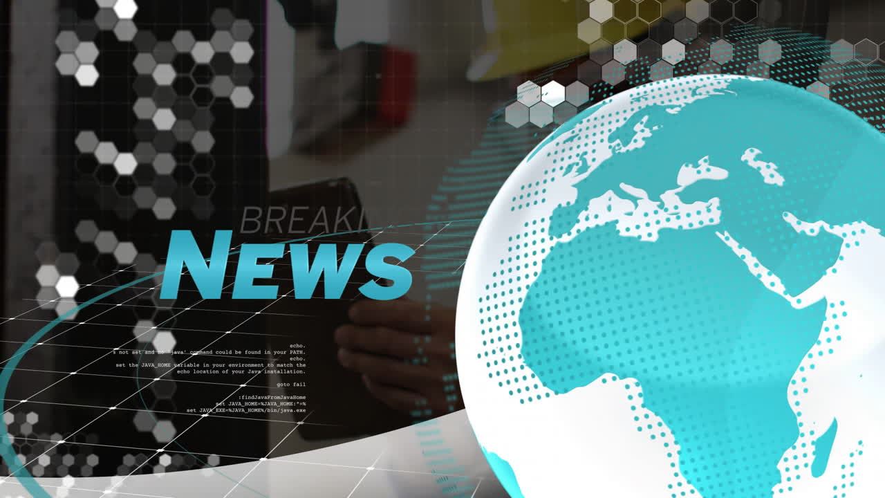 Breaking news text with digital globe and hexagonal patterns in dynamic animation