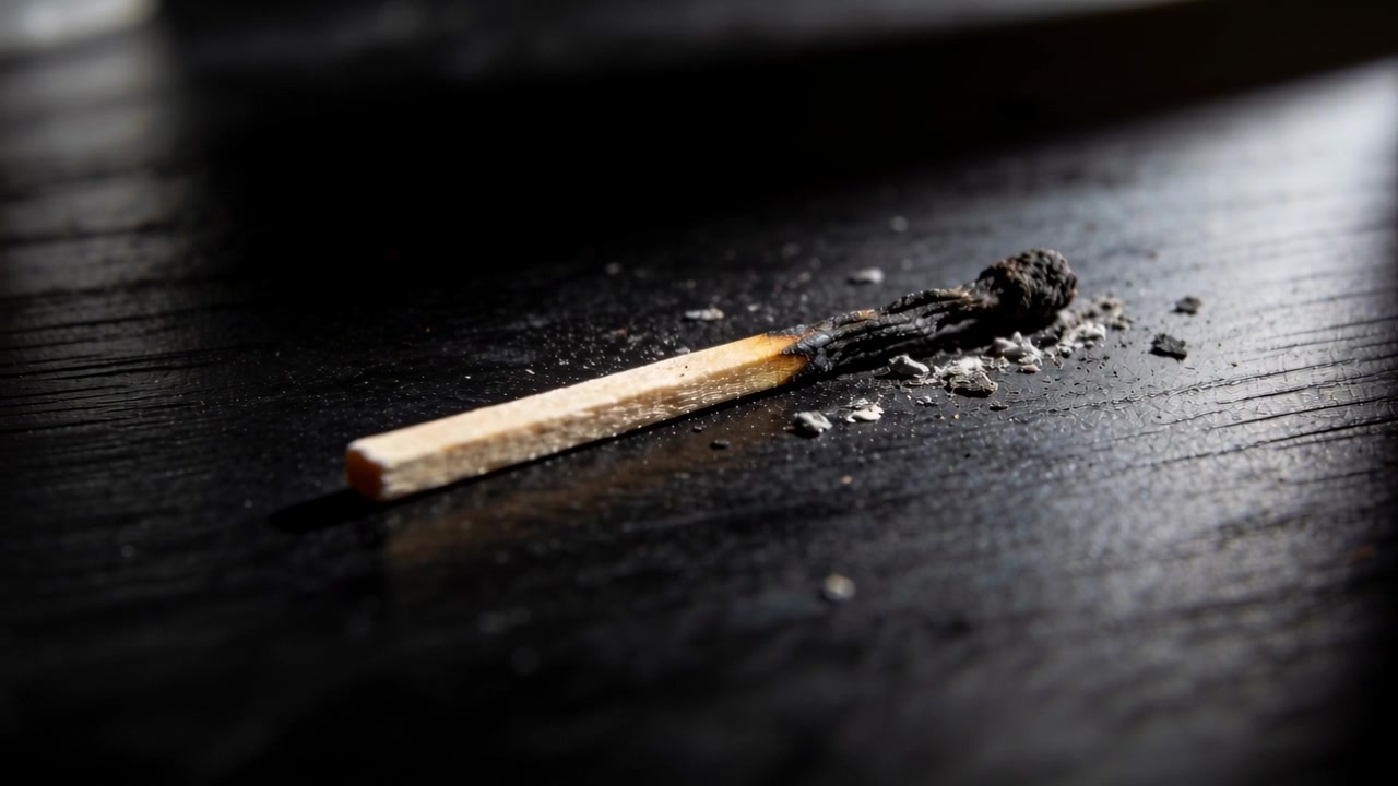 Un singolo fiammifero bruciato, raffreddandosi dopo essere stato spento, giace su un tavolo di legno scuro, spargendo cenere.