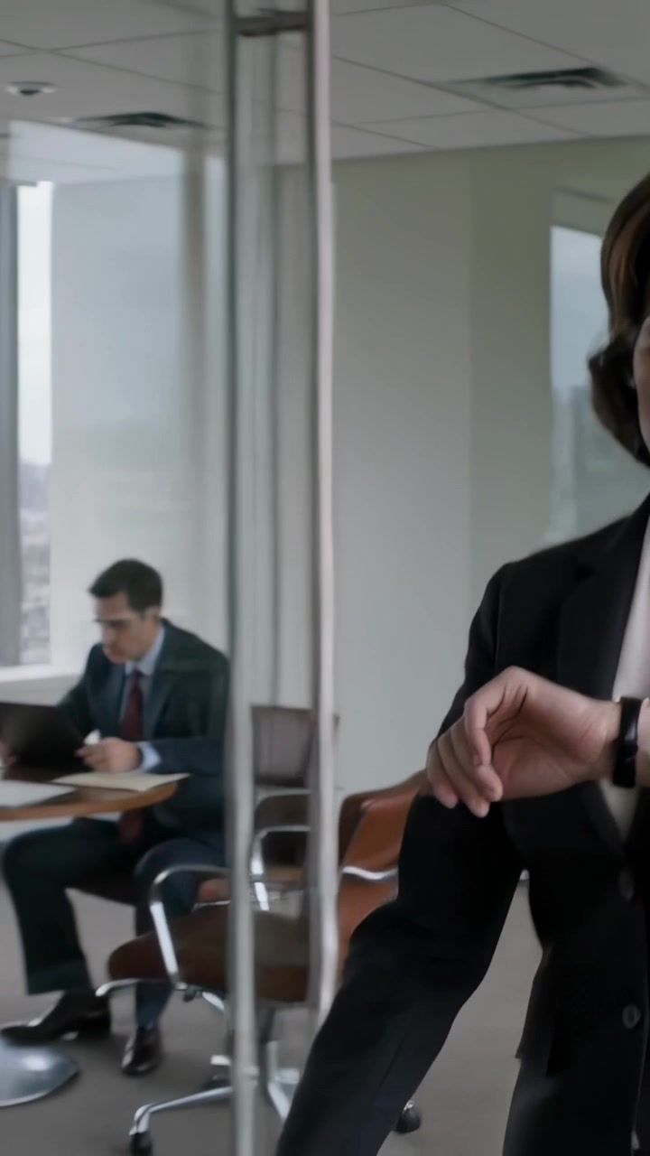 Video verticale: Entrando, una donna in tailleur cammina oltre una vetrata in ufficio controllando l'orologio, con spazio per il testo.