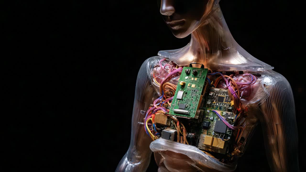 A Stunning Fusion of Technology and Art: The Intricate Details of a Transparent Robot Displaying Complex Circuitry and Wiring Inside Its Chest