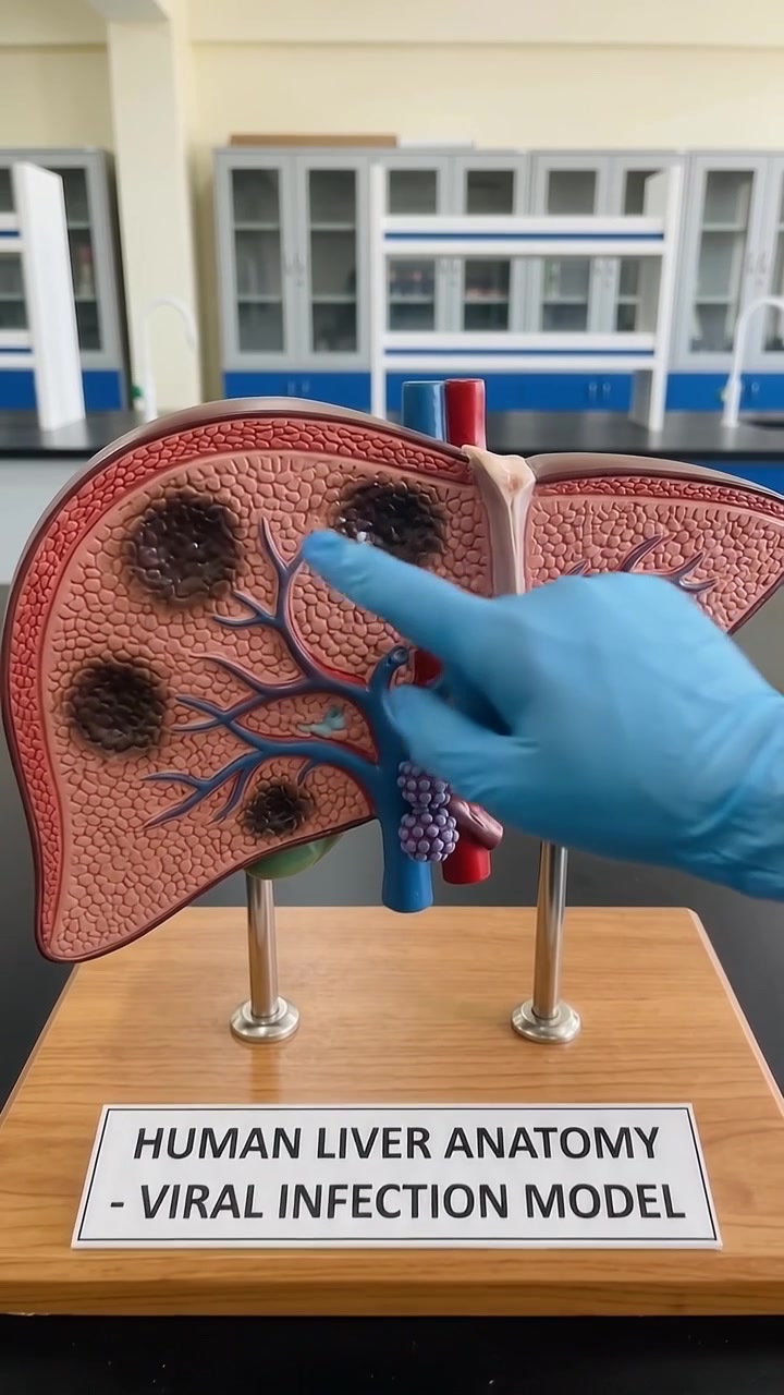 Professionista medico che spiega un modello anatomico del fegato umano con infezione virale