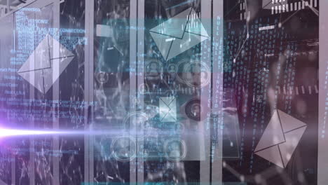 animación del procesamiento de datos y los iconos de los sobres sobre la sala del servidor.