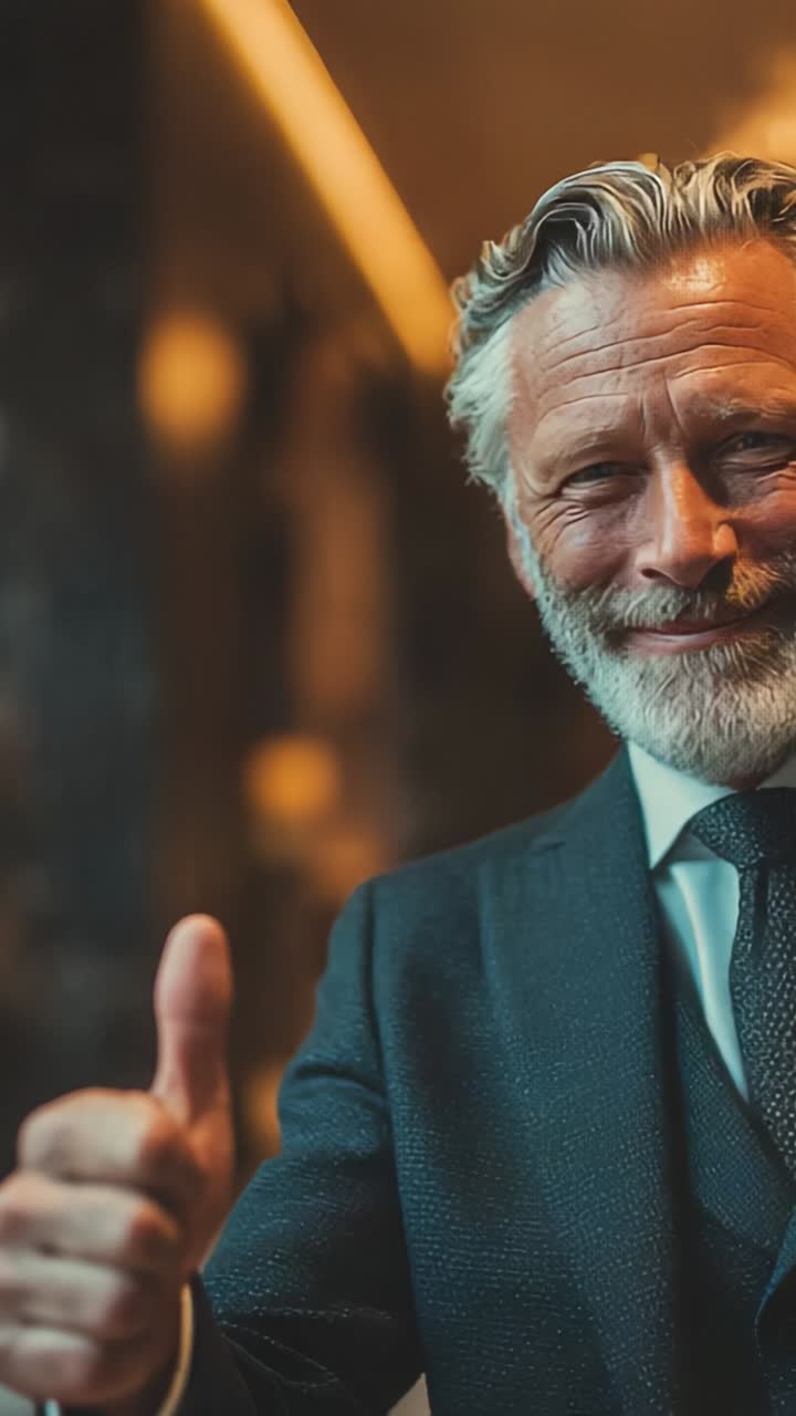 Un distinto signore anziano in abito scuro fa un gesto di assenso con un caloroso sorriso, irradiando positività e sicurezza in un elegante ambiente interno