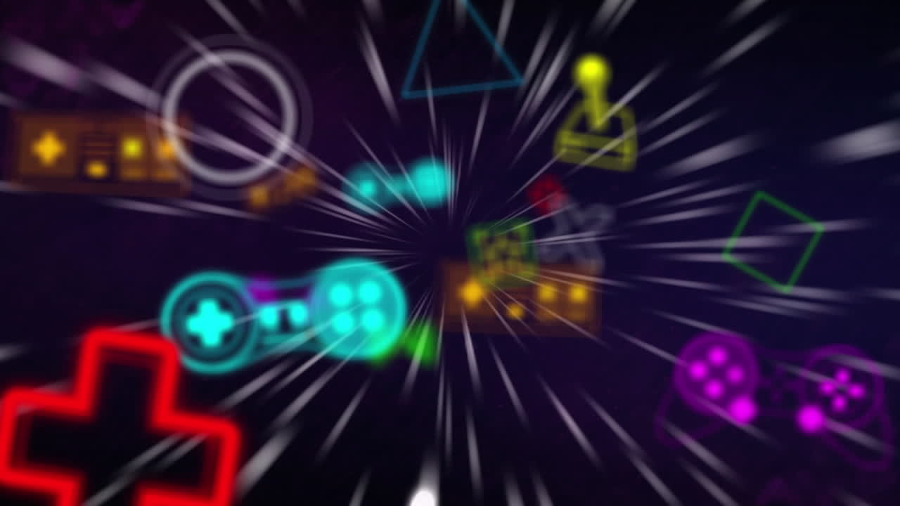 네온 비디오 게임 디지털 인터페이스의 애니메이션이 빛 트레일 위에서  ⁇ 박이고 있습니다.