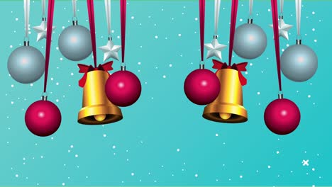 happy merry christmas with balls and bells hanging