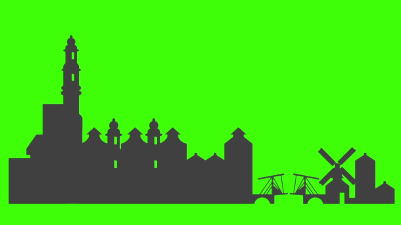 암스테르담 도시 아이콘의 실루이 녹색 화면에 나타납니다.