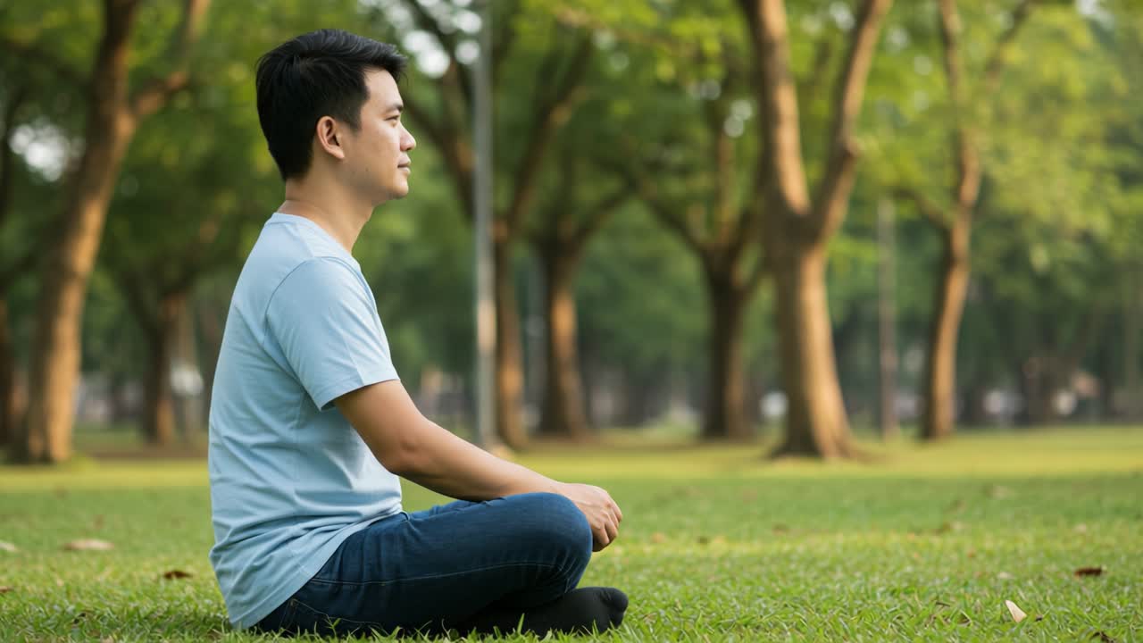 A Young Man Meditating Peacefully in a Lush Green Park Surrounded by Trees, Embracing Tranquility and Mindfulness in Nature's Embrace