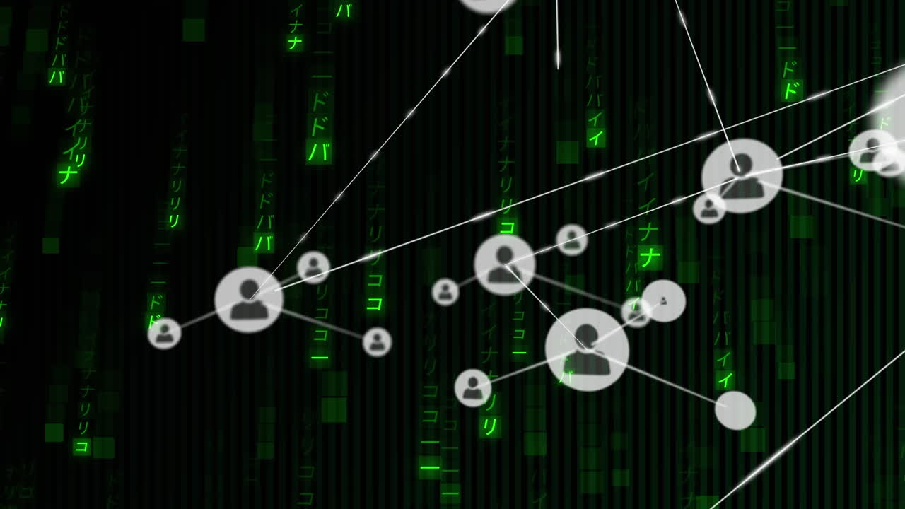 animación de una red de iconos de perfil y rastros de luz que caen sobre un fondo negro.