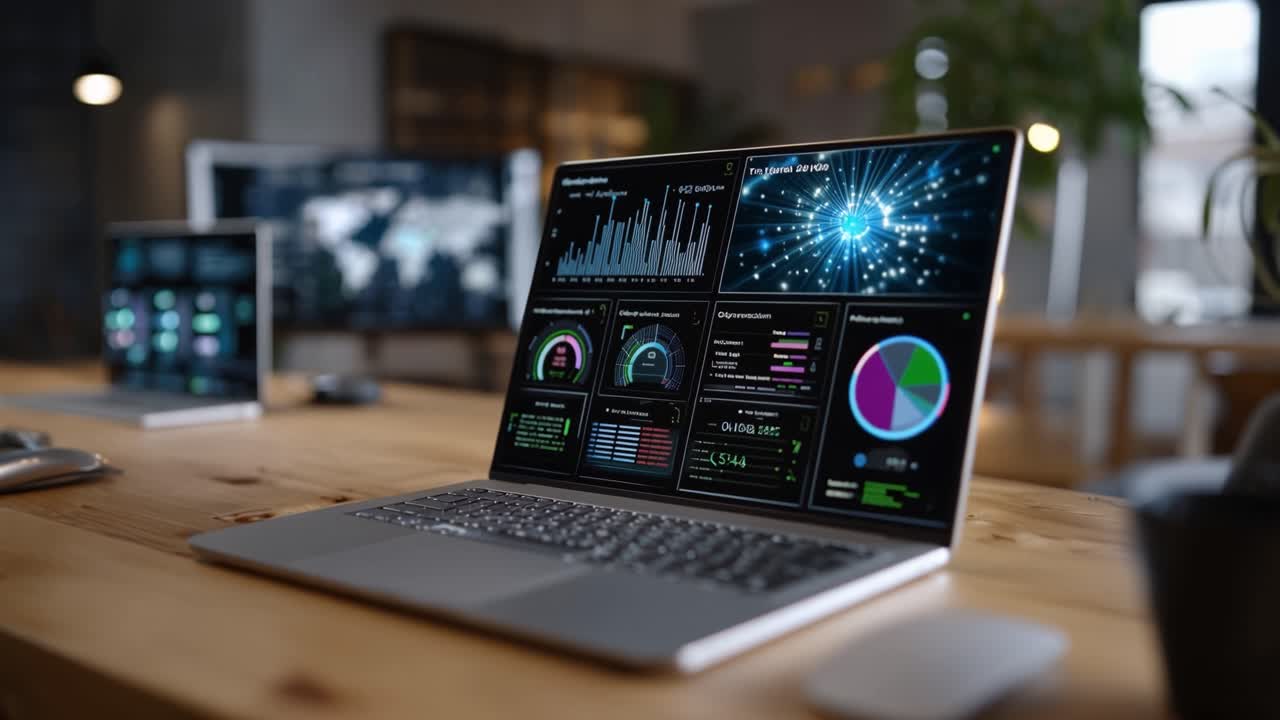 Analyzing Data Insights through Dynamic Visualizations on Laptop Screens in a Modern Workspace with Multiple Monitors Displaying Informative Dashboards